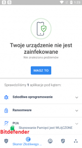 Ekran brak zainfekowanego urządzenia Bitdefender